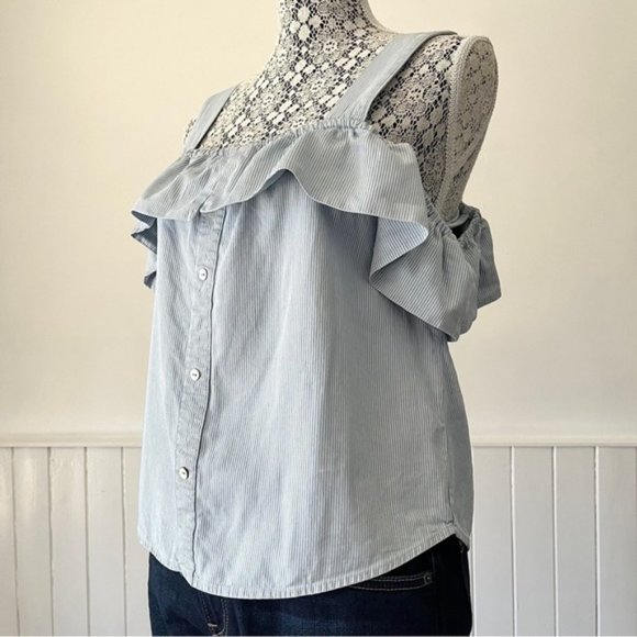 Twig Blue & White Striped Boho Ruffled Cold Shoulder Tank Top Size M - Picture 3 of 10